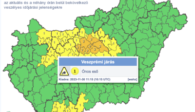 M&aacute;sodfok&uacute; riaszt&aacute;st adtak ki &oacute;nos eső vesz&eacute;ly miatt